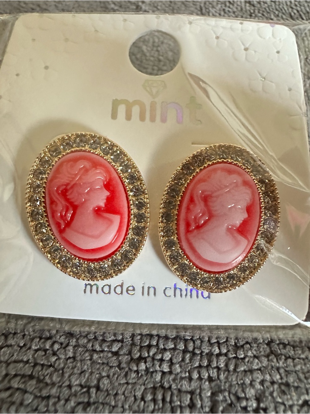 Mint Pink Cameo Oval Earrings with Gold Rhinestone Halo